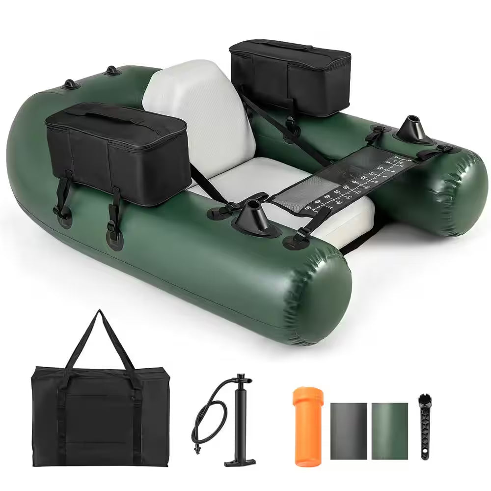 Camouflage Inflatable Fishing Float Tube with Fish Ruler Angling Base 2 Storage Pockets Pump