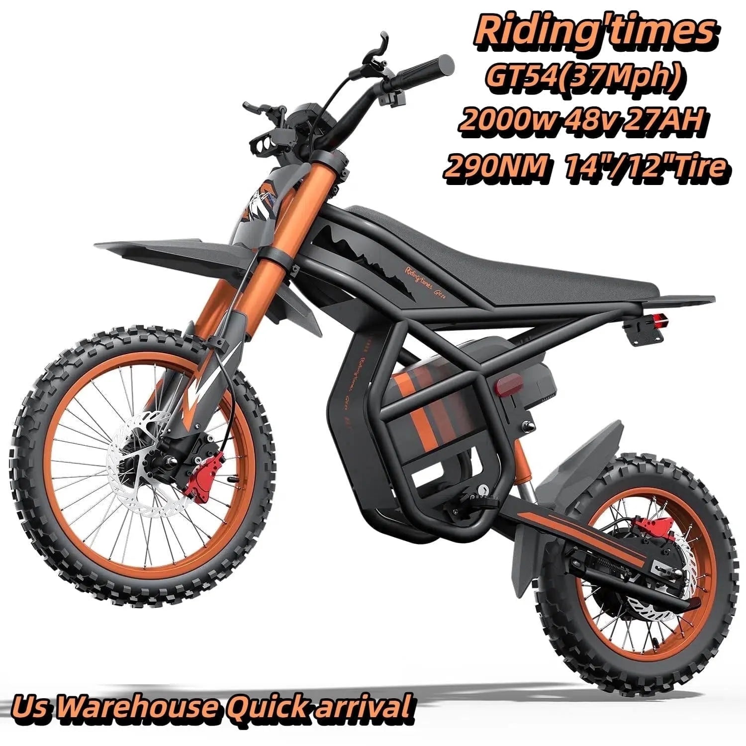 GT54 Electric Dirt Bike for Teens Adults,48V 27AH 37MPH Ebike with 14"/12" Motorcycle Tire,2000W Dual Hydraulic Brakes E Mountain Bike Off-Road UL2849