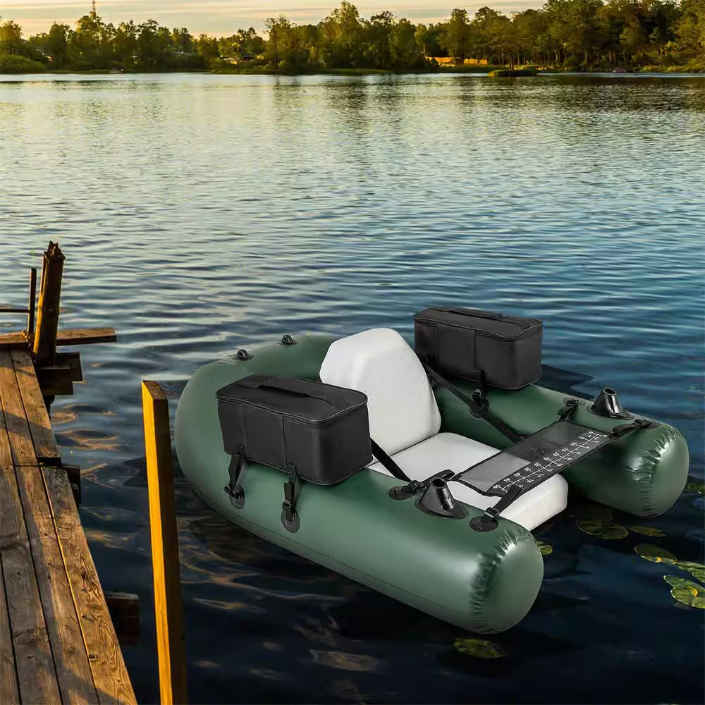 Camouflage Inflatable Fishing Float Tube with Fish Ruler Angling Base 2 Storage Pockets Pump