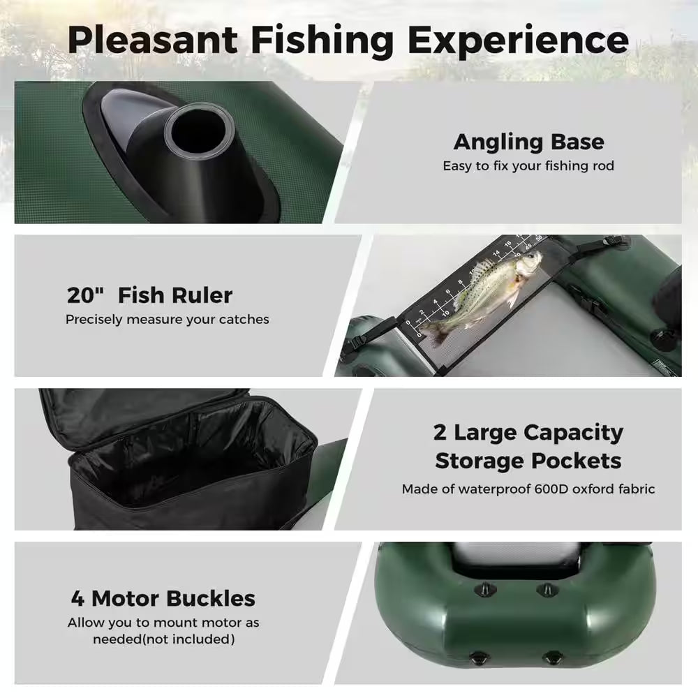 Camouflage Inflatable Fishing Float Tube with Fish Ruler Angling Base 2 Storage Pockets Pump