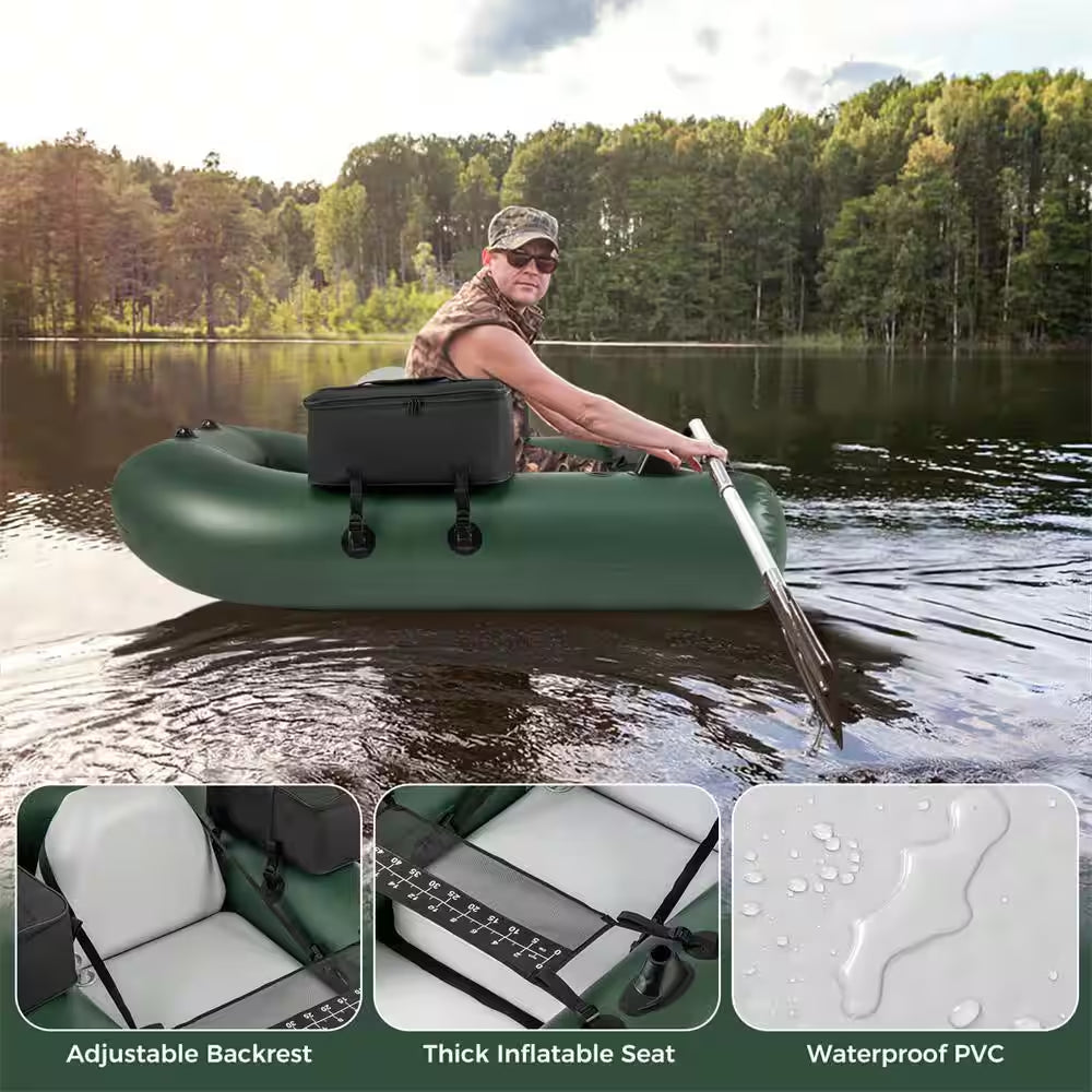 Camouflage Inflatable Fishing Float Tube with Fish Ruler Angling Base 2 Storage Pockets Pump